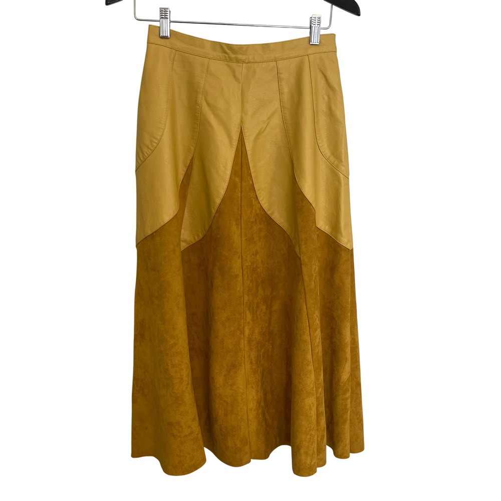 Nasty Gal Collection Faux Leather Suede Paneled Midi Skirt Mustard Gold Size 6